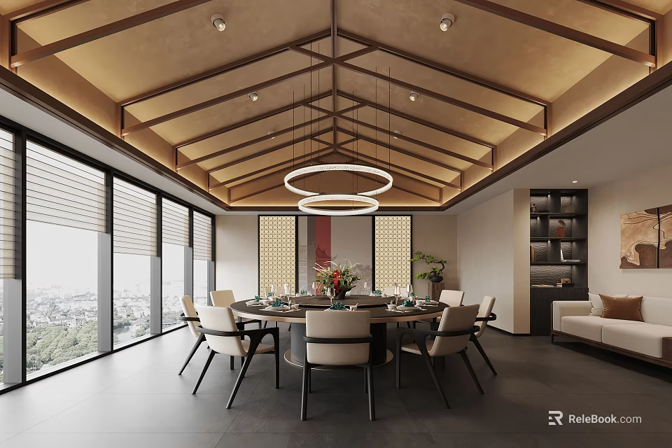 Modern Elegant Private Room Interior With Round Dining Table And Pendant Lights 3d model