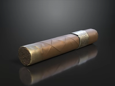 Brown Cigar With Gold Decorations And Silver Label On Black Background With Reflections 3d model
