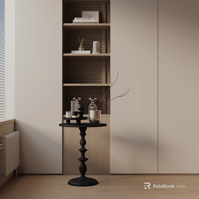 Modern Stylish Side Table With Decorative Base In Living Room Corner With Shelf And Ornaments 3d model 