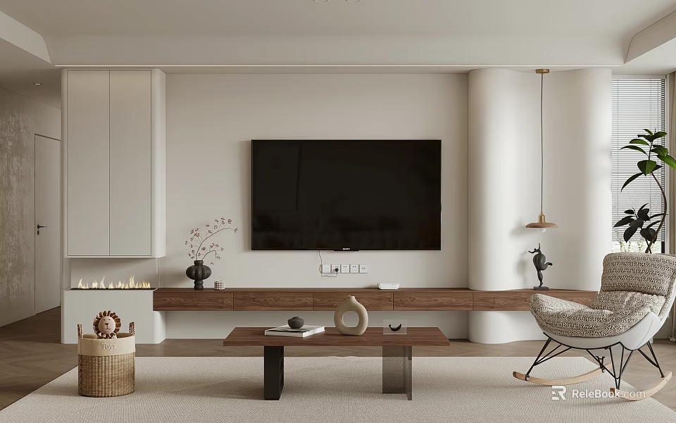 White Living Room Wall With Mounted TV White Cabinets Wooden Stand And Decorative Items 3d model 
