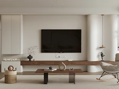 White Living Room Wall With Mounted TV White Cabinets Wooden Stand And Decorative Items 3d model