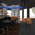 Modern Restaurant Interior Featuring Bar Counter Bar Stools Dining Tables And Hanging Lights 3d model
