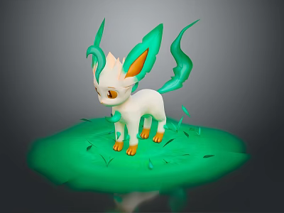 White Small Creature With Orange Ear Tips Paws And Green Leafy Tail On Green Grass 3d model