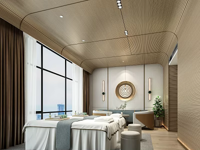 Luxury SPA Sauna Interior With Massage Beds Wooden Decor City View And Green Plants 3d model