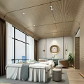 Luxury SPA Sauna Interior With Massage Beds Wooden Decor City View And Green Plants