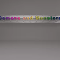 Art Installation with Metal Grid Structure Featuring Colorful Letters Displaying Demons and Monsters Text
