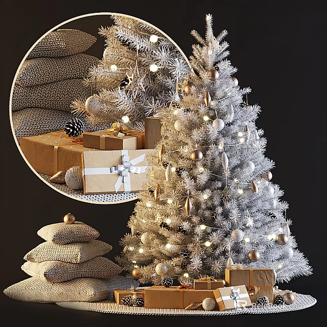 Festive Silver Christmas Tree Decorated With Lights Ornaments Gift Boxes And Burlap Sacks 3d model 