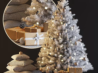 Festive Silver Christmas Tree Decorated With Lights Ornaments Gift Boxes And Burlap Sacks 3d model