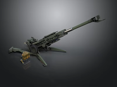 Green Military Cannon Model With Stand Wheels And Ammunition Shells 3d model
