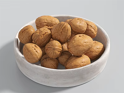 Healthy Organic Walnuts Filled in Ceramic White Bowl on Simple Light Background 3d model