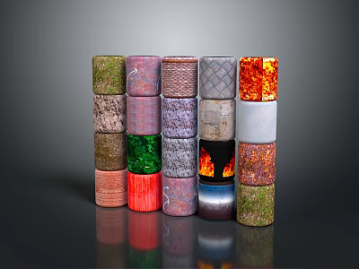 Stacked Cylindrical Sculpture Carvings Featuring Various Colors Textured Surfaces And Diverse Patterns 3d model