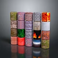 Stacked Cylindrical Sculpture Carvings Featuring Various Colors Textured Surfaces And Diverse Patterns