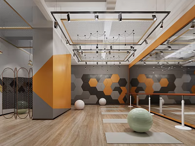 Modern Fitness Studio Interior With Hexagon Walls Exercise Mats And Yoga Balls 3d model