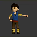 3D Cartoon Game Movie Character Boy Wearing Blue Vest Yellow Sleeves Standing with Outstretched Hand