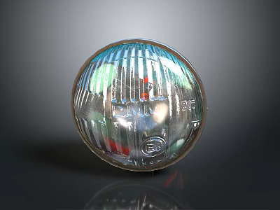 Circular Transparent Glass Light Fixture with Reflective Surface Striped Pattern and Base Featuring Small Text 3d model