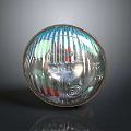 Circular Transparent Glass Light Fixture with Reflective Surface Striped Pattern and Base Featuring Small Text 3d model