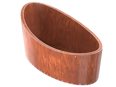 Oval Wooden Bathtub Design with Natural Wood Grain and Metal Rivets 3d model