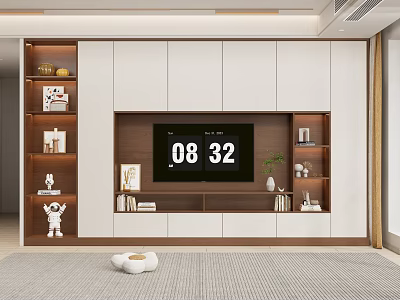 Modern TV Wall Cabinet With White Wood Design Storage Shelves Decorative Items And Plants 3d model
