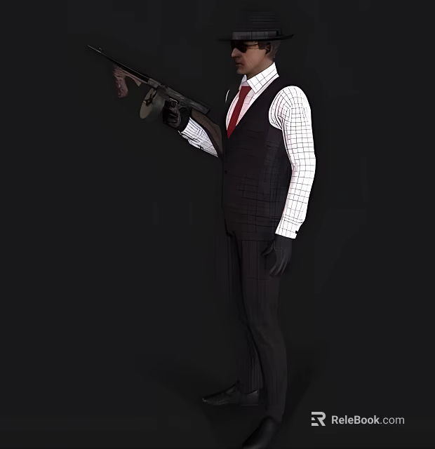 Man Wearing White Checkered Shirt Red Tie Dark Plaid Vest And Black Gloves Holding Shotgun 3d model 
