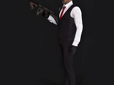 Man Wearing White Checkered Shirt Red Tie Dark Plaid Vest And Black Gloves Holding Shotgun 3d model