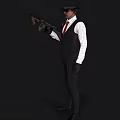 Man Wearing White Checkered Shirt Red Tie Dark Plaid Vest And Black Gloves Holding Shotgun