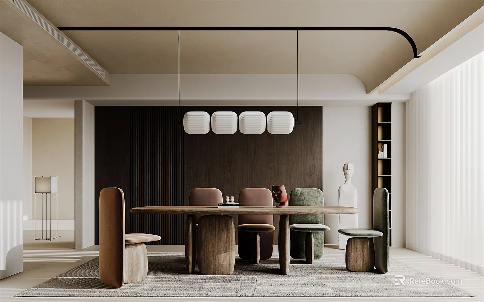 Modern Restaurant Interior With Comfortable Chairs Wooden Dining Table And Pendant Lights 3d model 