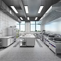 Modern Commercial Kitchen Interior With Stainless Steel Workstations Range Hoods And Storage Cabinets
