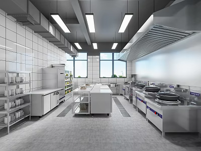 Modern Commercial Kitchen Interior With Stainless Steel Workstations Range Hoods And Storage Cabinets 3d model