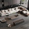 Modern Beige L Shaped Sofa And Coffee Table Set In Living Room With Floor Lamp