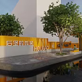 Modern HouBao Building Exterior With Yellow Facade Trees And Waterfront Seating Area