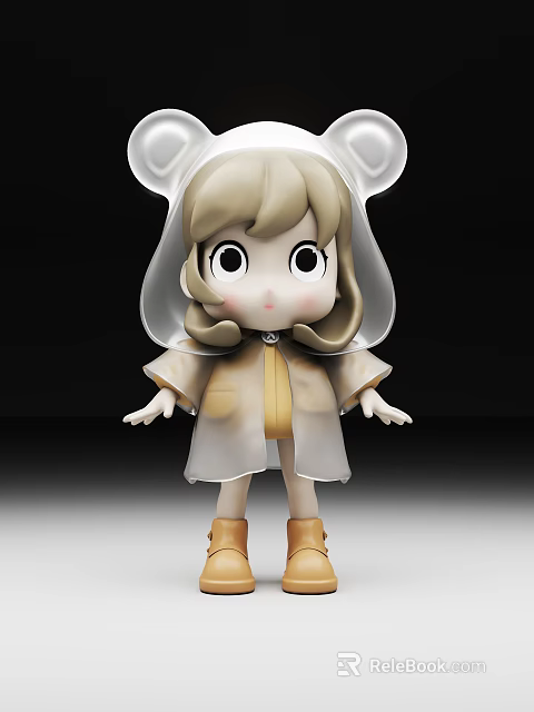 Cute Cartoon Doll With Blonde Hair White Ear Hood Transparent Cloak Yellow Coat And Boots 3d model 