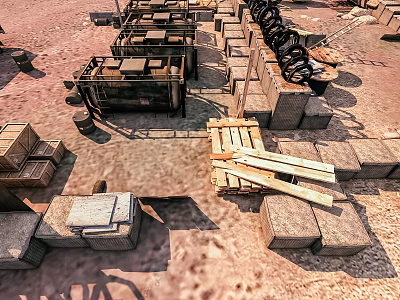 Cartoon Outdoor Storage Area Scene With Wooden Crates Pallets And Tires On Sandy Ground 3d model