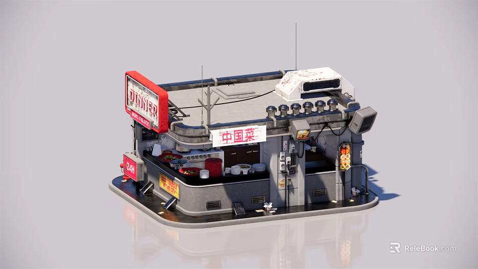 Traditional Chinese Cuisine Mall Shop with Ramen Signage and Red Decor Elements 3d model 