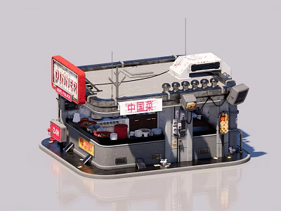 Traditional Chinese Cuisine Mall Shop with Ramen Signage and Red Decor Elements 3d model