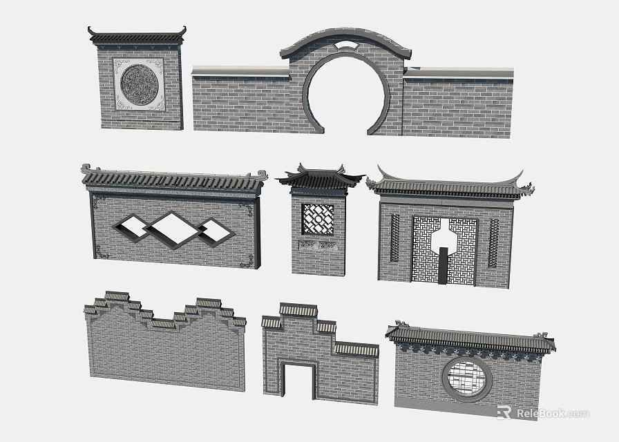 Traditional Chinese Garden Walls With Circular Archway Diamond Lattice And Tiled Roofs 3d model 