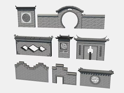 Traditional Chinese Garden Walls With Circular Archway Diamond Lattice And Tiled Roofs 3d model