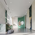 Modern Reception Area With Marble Desk Green Wall Gray Stone Elements And Sculpture 3d model