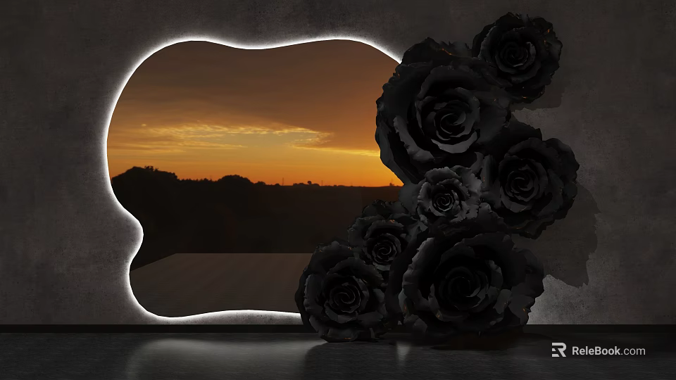 Elegant Wall Decor With Black Roses Light Outlined Window Sunset And Mountains 3d model