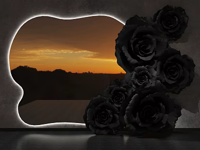 Elegant Wall Decor With Black Roses Light Outlined Window Sunset And Mountains 3d model