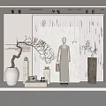 Modern Window Display With Beige Dress Mannequin Twig Decoration White Wooden Vases And Accessories