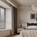 Elegant Bedroom Interior With White Bed Black Headboard Chandelier Crown Molding And Framed Art
