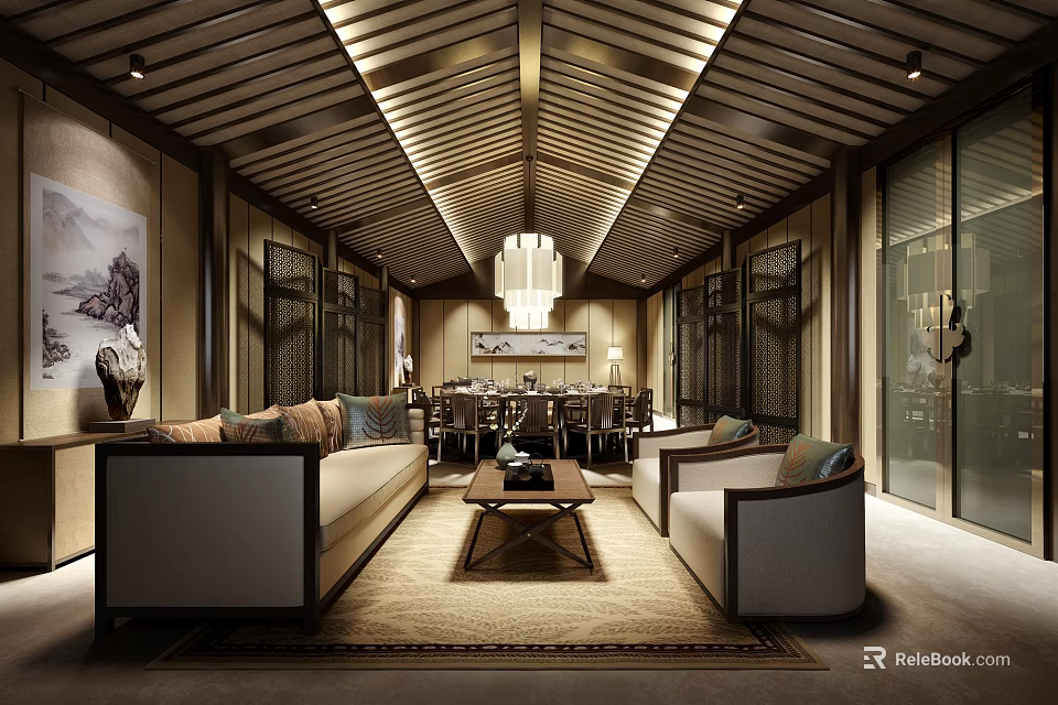 Chinese Style Private Room Interior With Wooden Ceiling Chandelier Sofas Coffee Table And Decorative Painting 3d model 