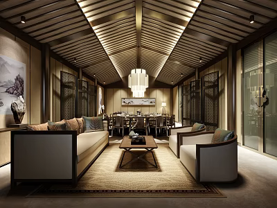 Chinese Style Private Room Interior With Wooden Ceiling Chandelier Sofas Coffee Table And Decorative Painting 3d model