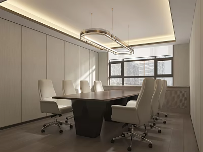 Modern Conference Room Interior With Long Wooden Table White Office Chairs And Pendant Lights 3d model