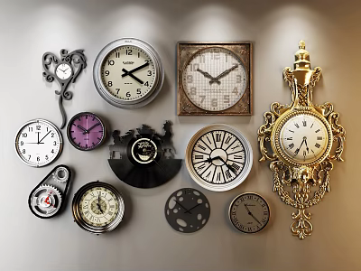 Antique and Modern Clocks Displayed On Wall With Various Styles And Shapes 3d model