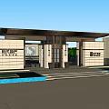 Modern Grand Entrance Gate With Stone Columns Water Pool And Green Trees