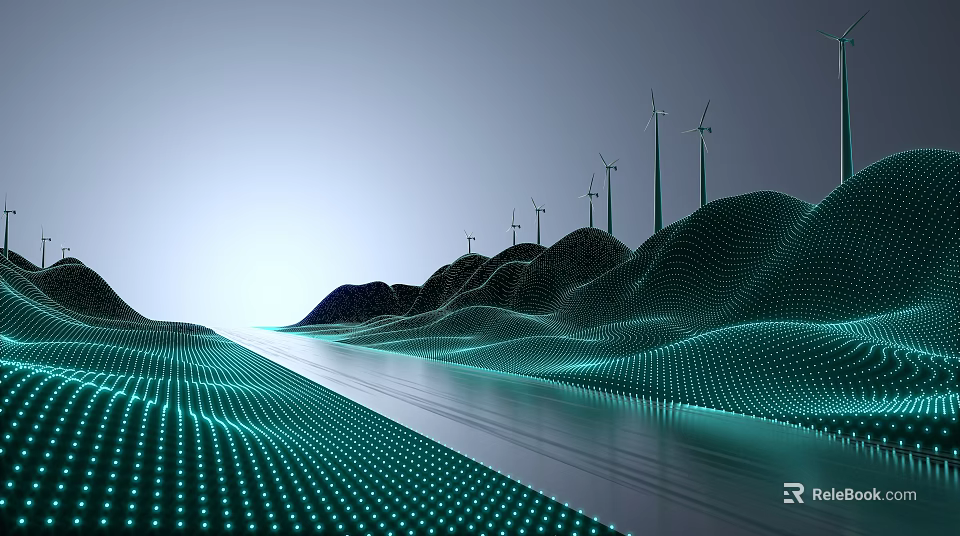 Futuristic Architectural Components With 3D Rendered Rolling Hills Dotted Patterns Wind Turbines And Glowing Pathway 3d model 