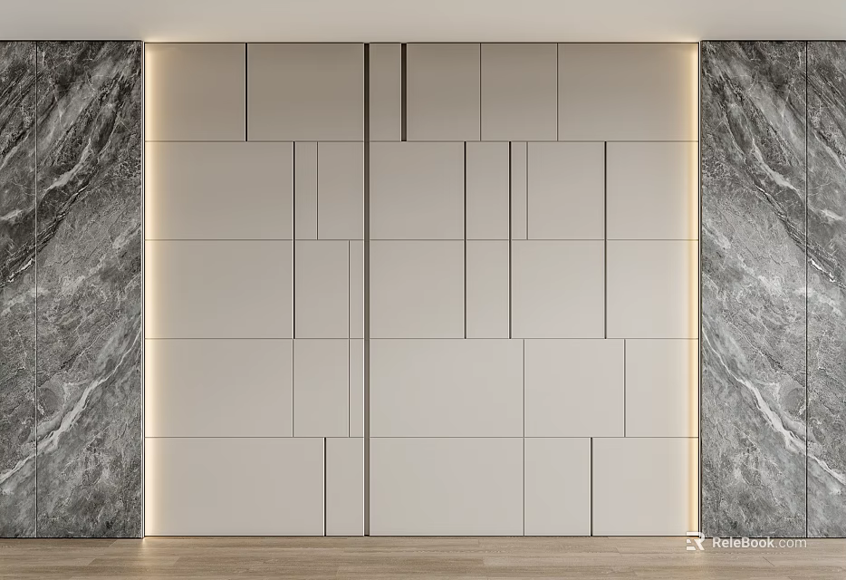 Light Colored Geometric Panel Feature Wall With Marble Side Accents And Soft Ambient Lighting 3d model