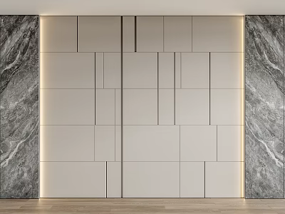 Light Colored Geometric Panel Feature Wall With Marble Side Accents And Soft Ambient Lighting 3d model