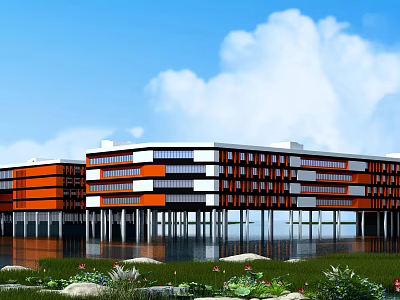 Modern School Building With Orange White Exterior Large Windows By Water And Greenery 3d model